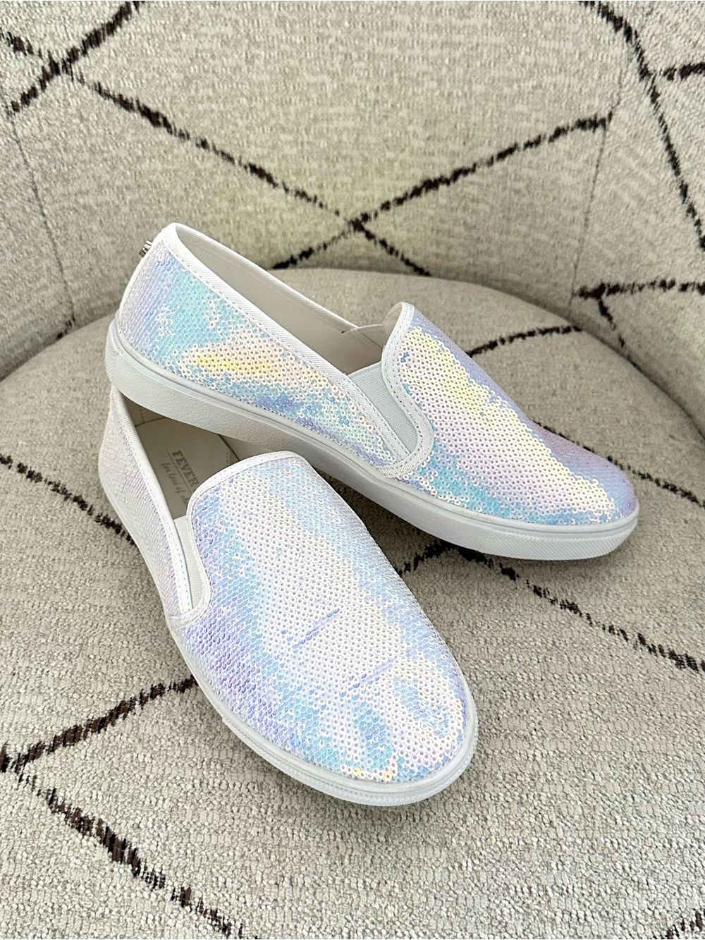 Sequin Slip-On Sneakers in Iridescent White Size 7